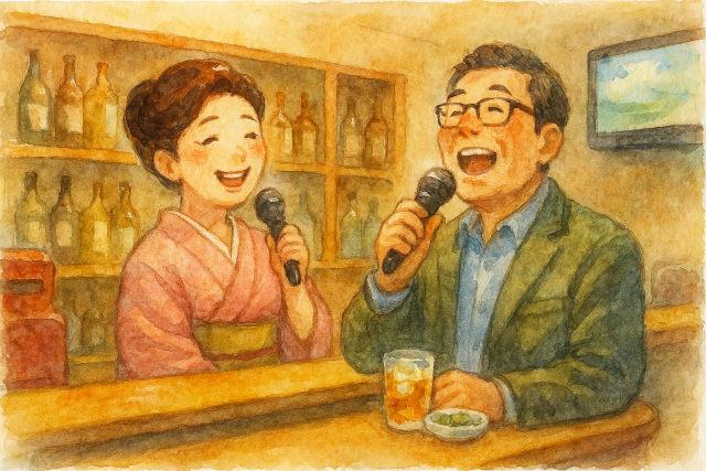 スナックの様子 水彩画風 水彩画スタイルで、スナックの店内でママとお客様が笑顔でカラオケをデュエットしている、ほがらかな雰囲気の画像