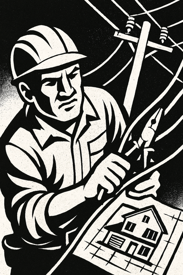 電気工事の職人　夜間でも作業する